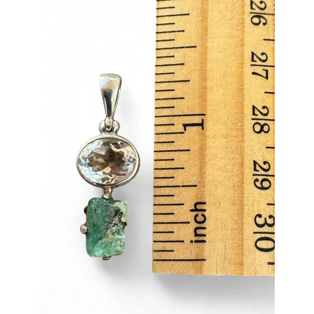 Emerald & White Topaz Solid 925 Sterling Silver Pendant